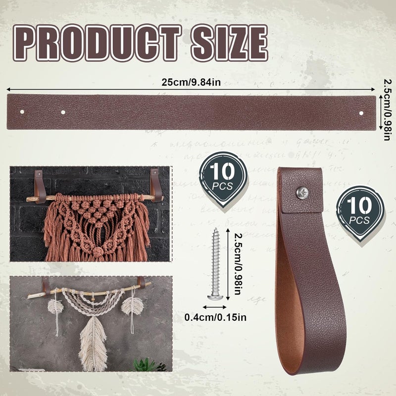 Eldraqth 10 Pcs Wall Hooks Leather Wall Hanging Straps PU Leather Straps for Hanging Hooks 1 x 4.7 Inches Curtain Rod Holder with Screws Boho Style Decor for Towel, Bathroom, Kitchen, Bedroom (Brown) - Image 2